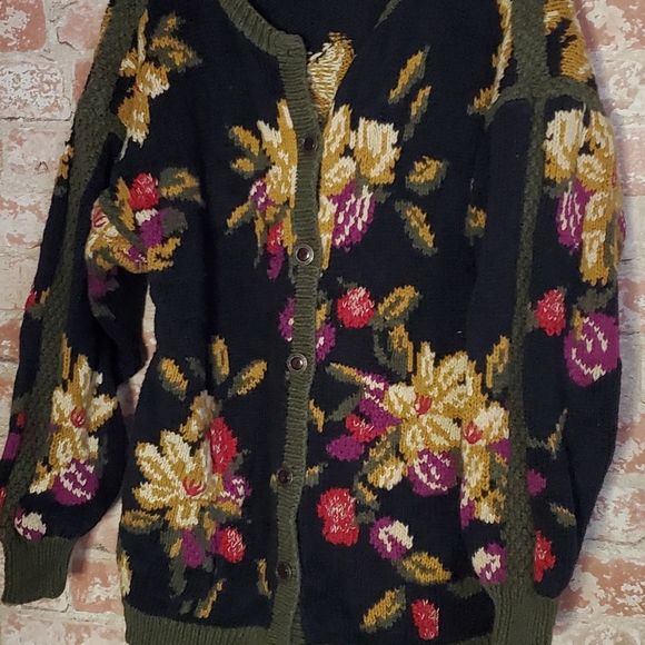 Vintage Robin Sinkler sweater woman's M/L cotton blend cardigan floral design - Picture 2 of 7